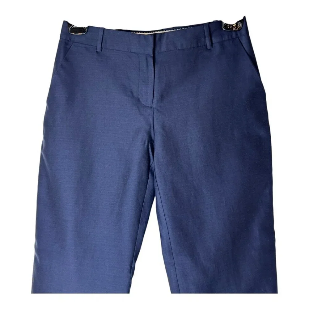 J Crew Collection Pants Women‎ 2 Navy Blue Silk Blend Ivory Stripe Side Preppy